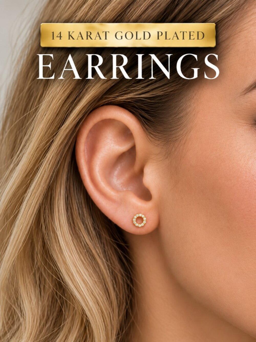 14K Gold Stud Earrings: Open-Circle Pavé with Hand-Set CZ Stones, 14K Plated